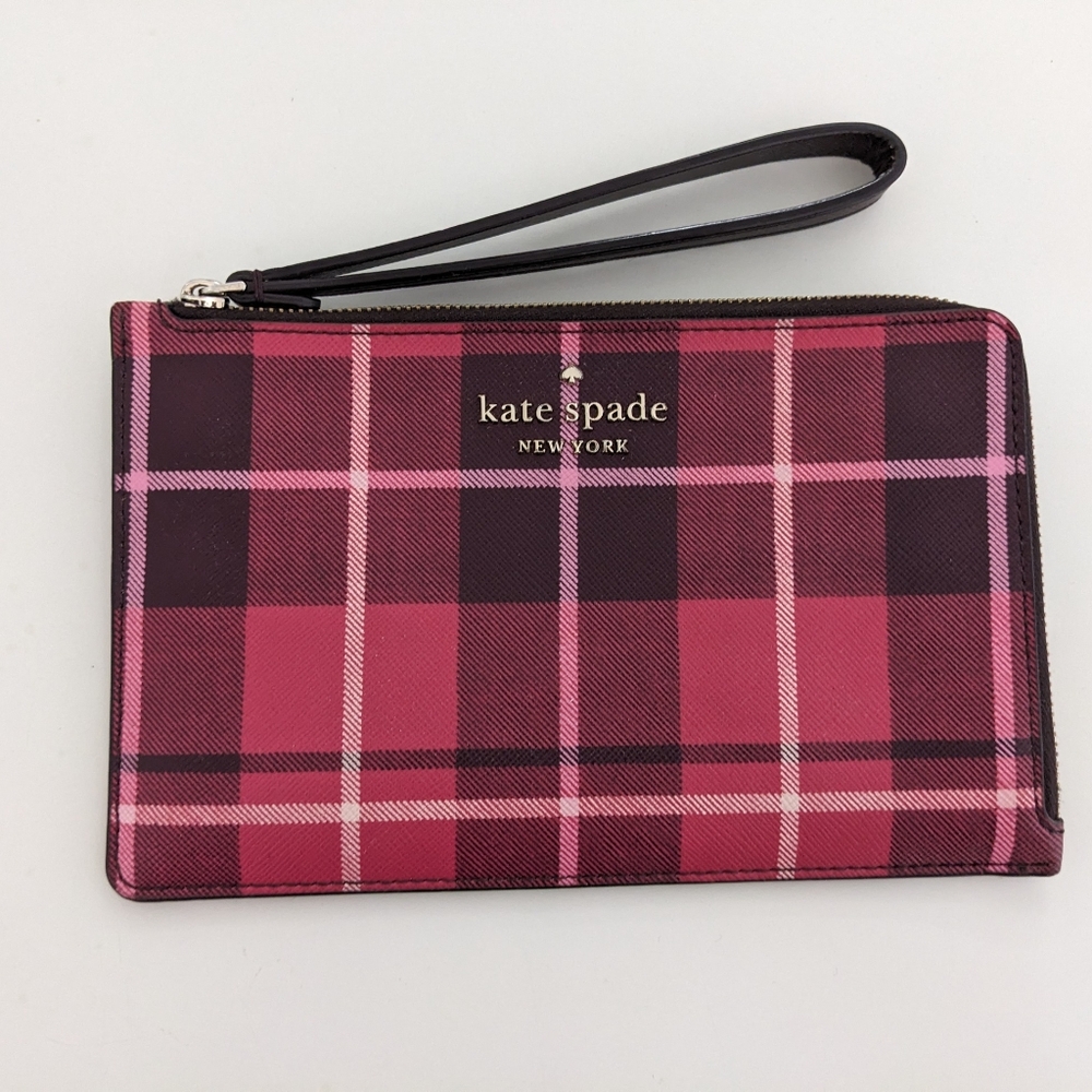 EUC! Kate Spade New York Staci Plaid Medium L Zip Wristlet Wallet In Red/Black